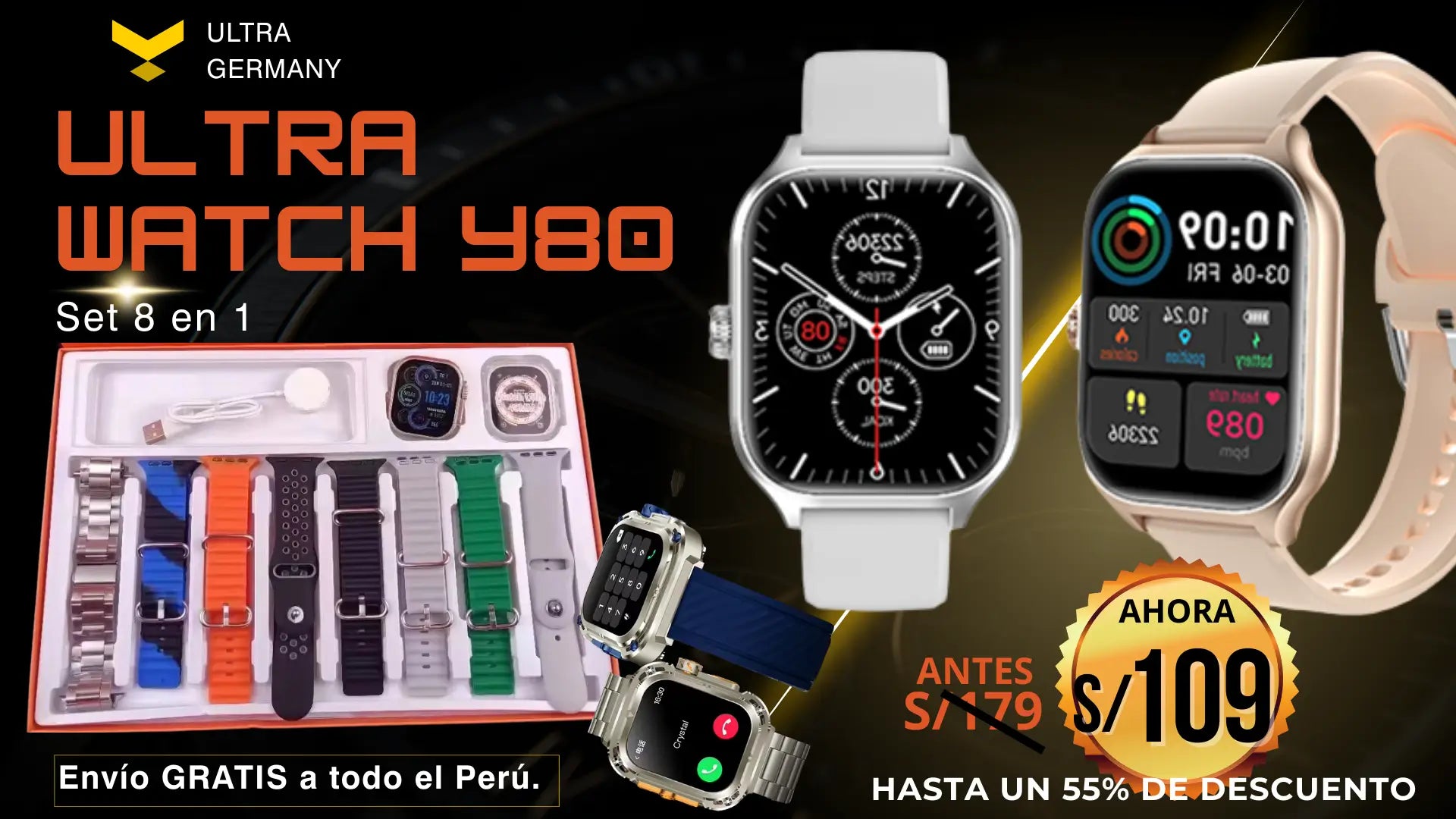 Smartwatch Y80 Ultra con 8 Correas.