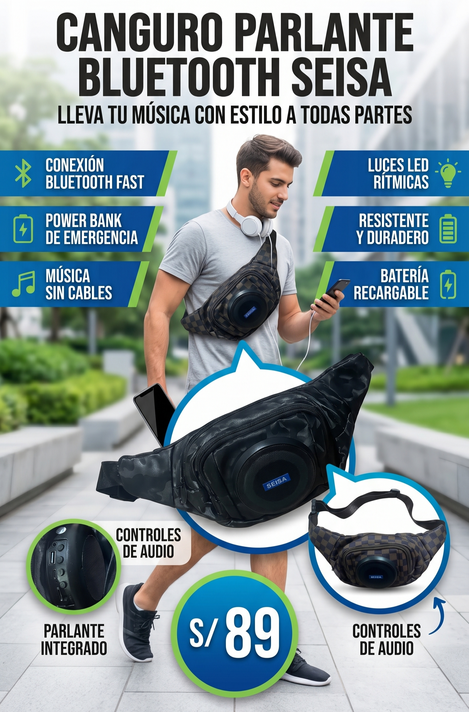 Canguro multifuncional con parlante Bluetooth y luces LED.