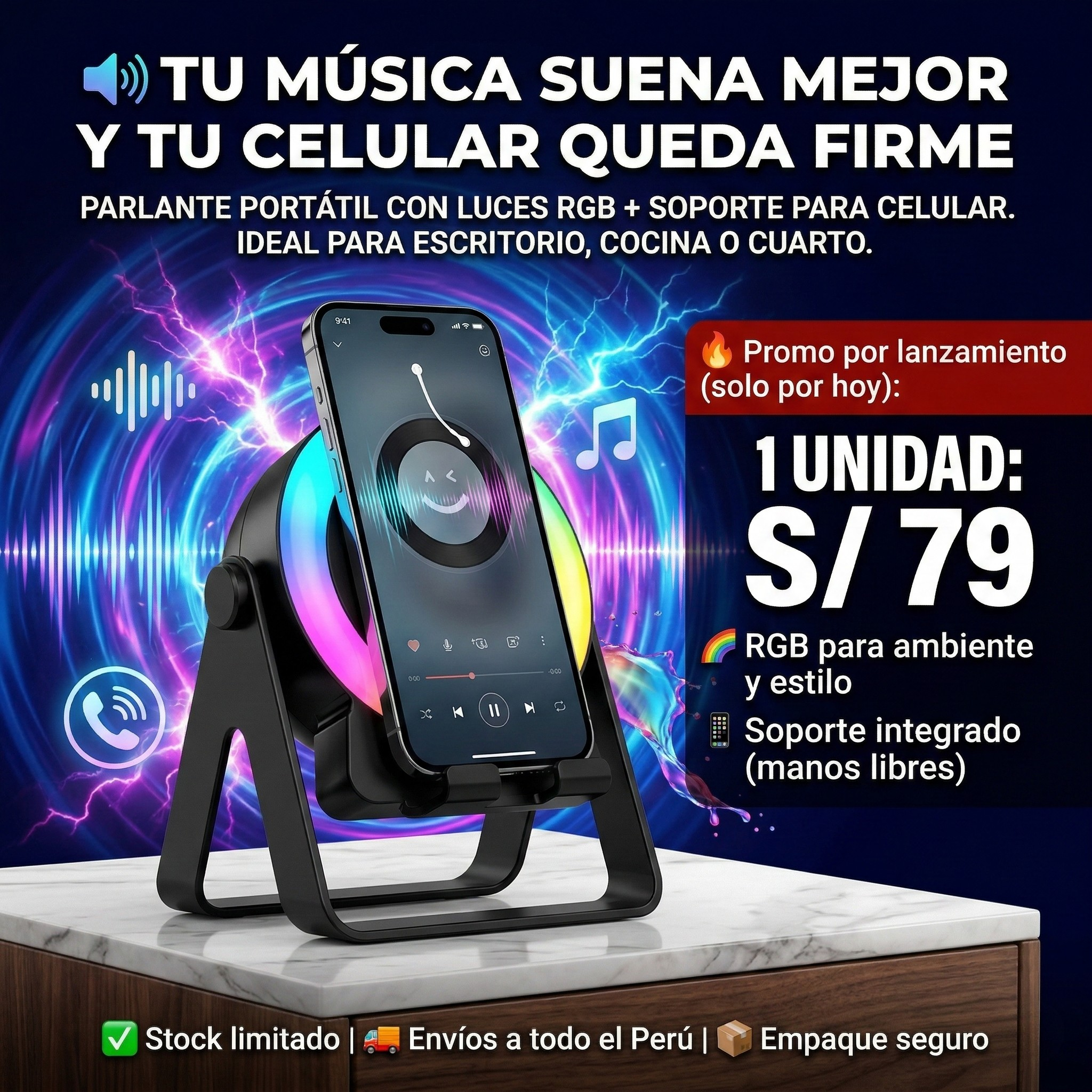 Parlante portátil con luces RGB + soporte para celular