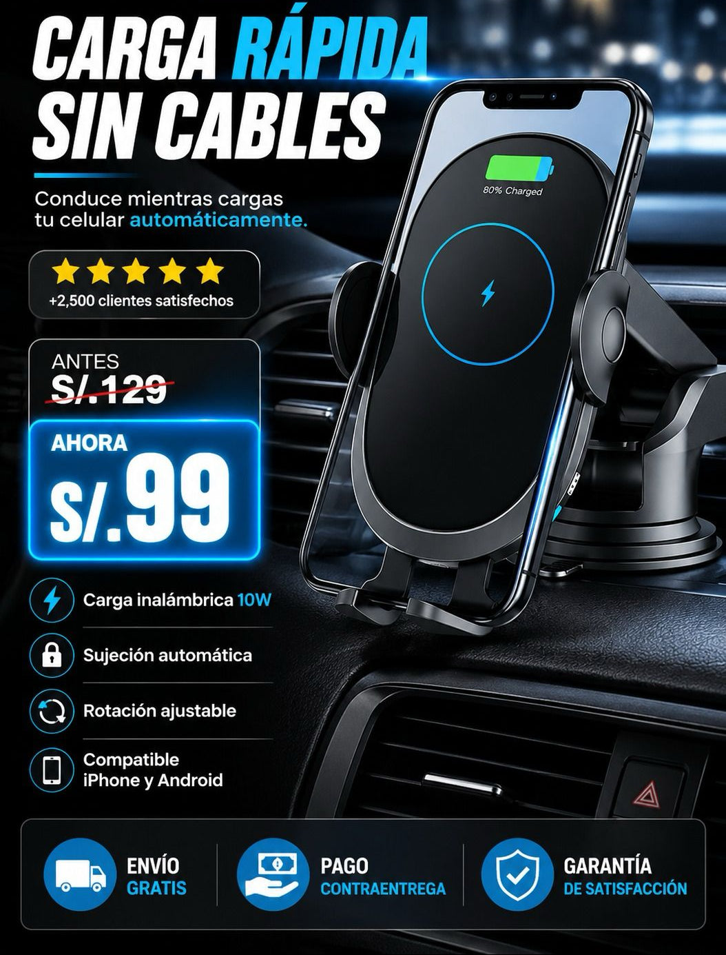 Soporte Con Carga Inalámbrica De Celular Para Auto
