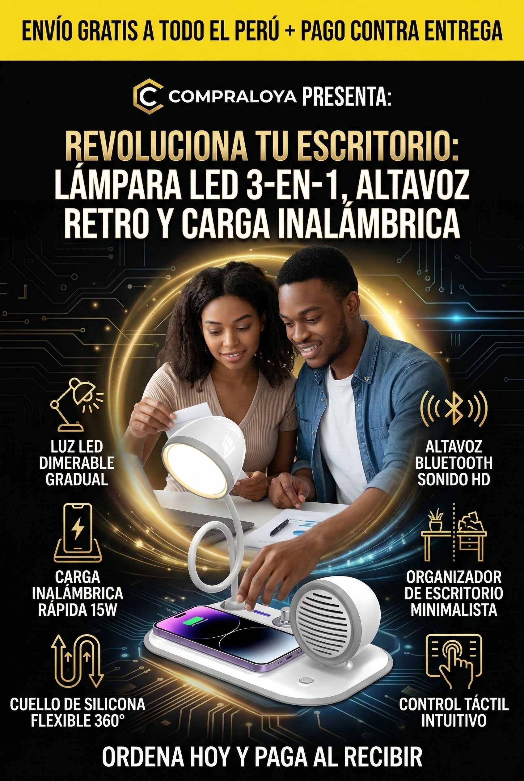 Lámpara de escritorio LED con cargador inalámbrico 3 en 1, 3 modos de luz y altavoz Bluetooth